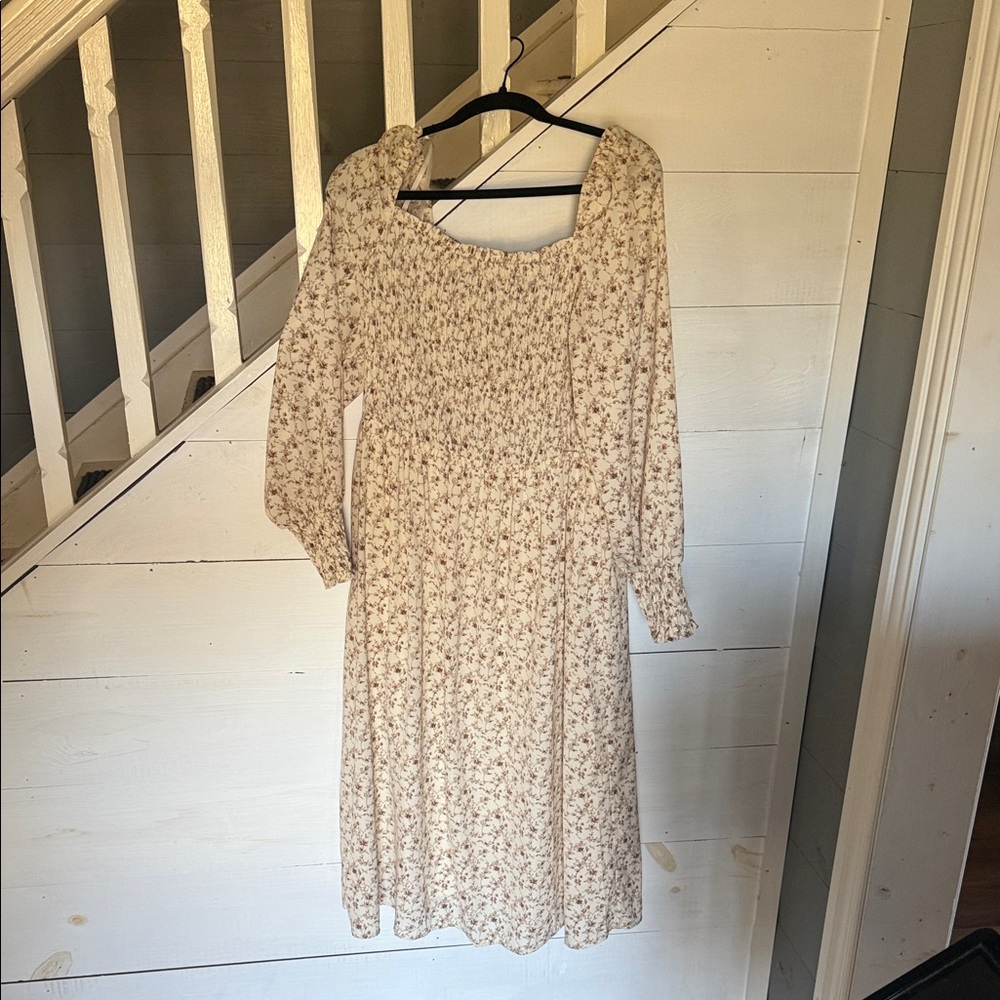 She + Sky Cream Floral Long Sleeve Dress